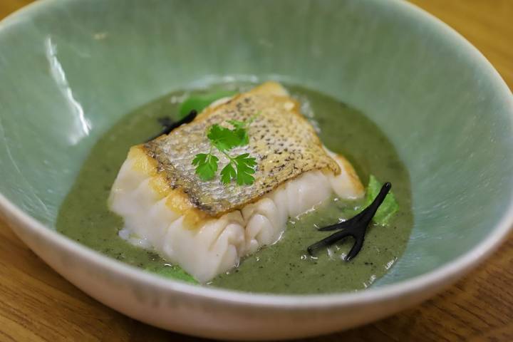 Merluza de anzuelo curada con salsa verde de plancton marino y alga codium