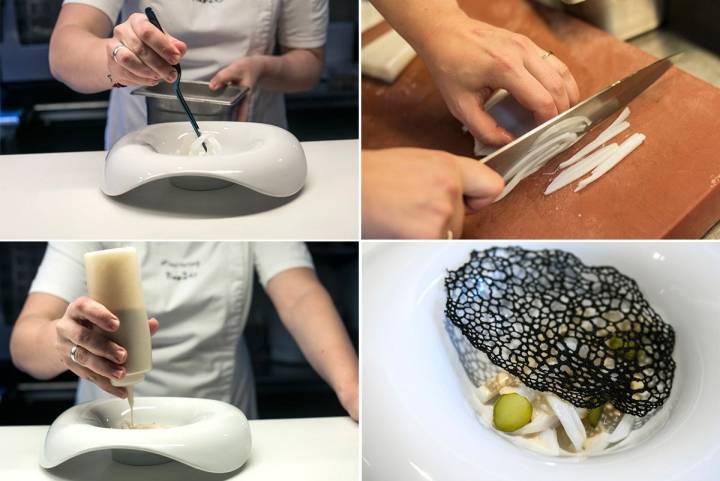 La cocinera elaborando el Calamar dashi con encurtidos y su mantilla. Foto: Eva Máñez