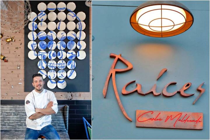 Carlos posando junto a su calavera de porcelana. A la derecha, detalle de la fachada del restaurante.