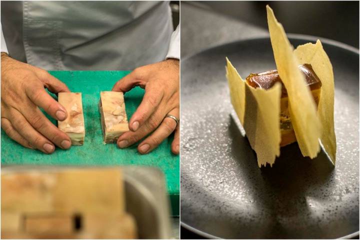 El foie lleva dentro manzana. Para adornar, la misma fruta pero en una textura crujiente.