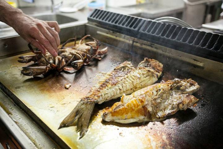 Pescados, de caña y anzuelo, y mariscos frescos a la plancha.