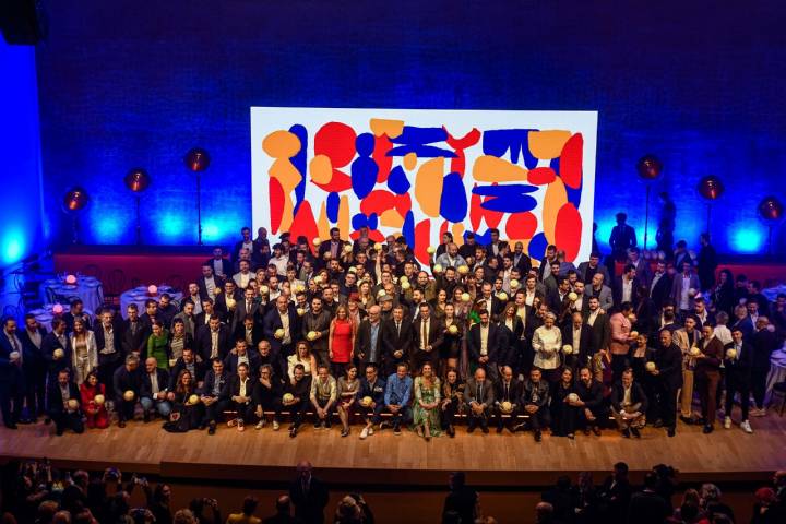 Todos los Soles premiados posan con su Sol en el escenario al final de la gala.