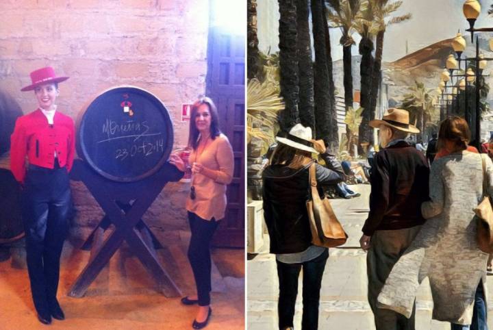 María Dueñas en la bodega González Byass (Jerez) y paseando por el puerto de Cartagena con familiares.