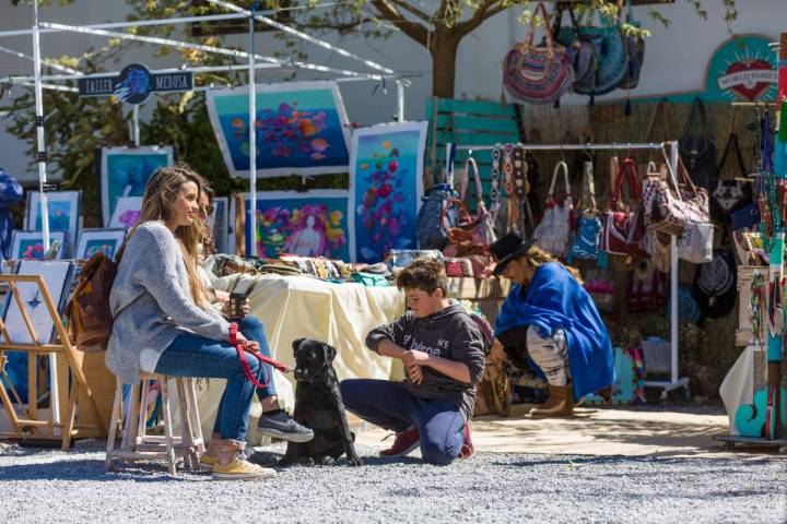 Unos niños con un cachorro descansan en el mercadillo de Las Dalias, Ibiza.