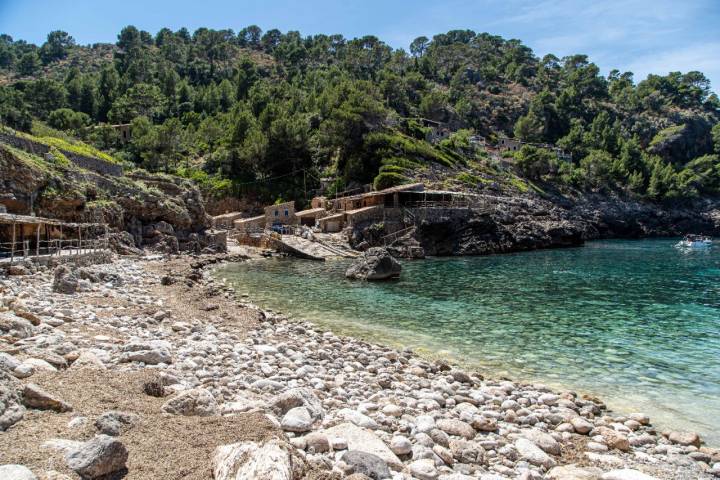 Cala Deiá está rodeada de acantilados medianos, coronados por monte bajo y pinar.